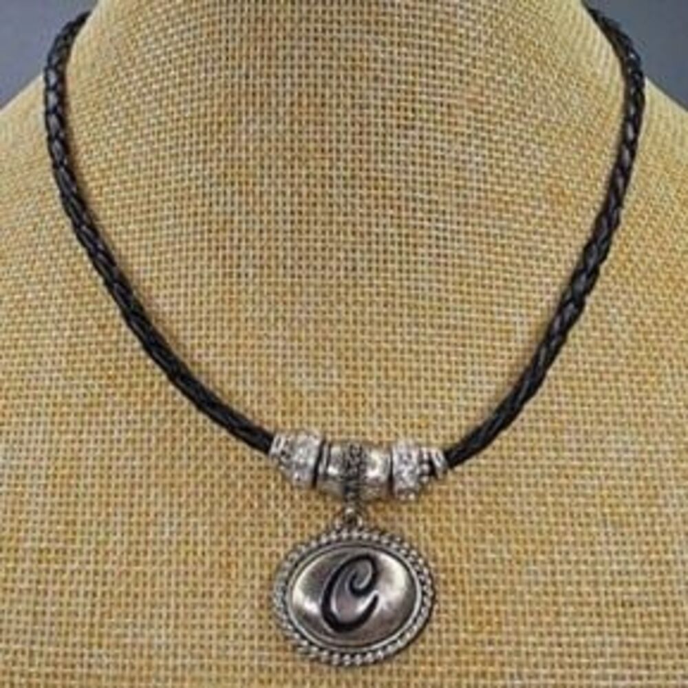 Napier Black Leather Cord & Silver Tone "C" Charm Necklace 16"L